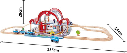 Toy train station playset with red arches, blue station base, and looping track