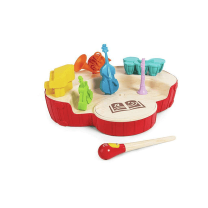 Mini conductor’s orchestra toy: red drum base with colorful instruments and conductor mallet