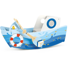 Hape rocking boat with blue sea design, sail and steering wheel