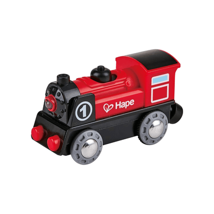 Red and black battery-powered toy locomotive with Hape logo and number 1