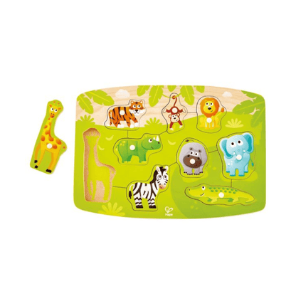 Jungle-themed peg puzzle board with jungle animal cutouts: giraffe, lion, crocodile, more