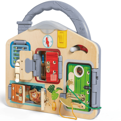 Hape Lock and Learn wooden activity playboard with latch, clock face, and spinning elements