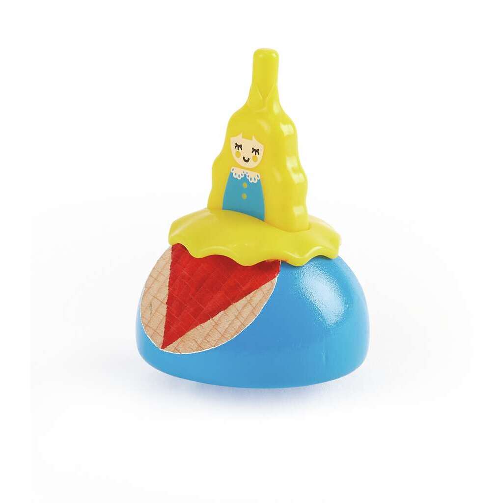 Spinning top toy with yellow princess top, blue base, and red sail