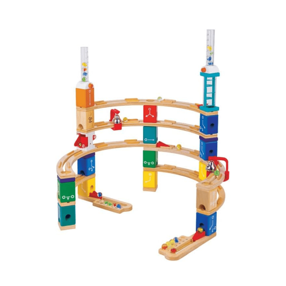 Marble run construction set with colorful wooden tracks and lift towers