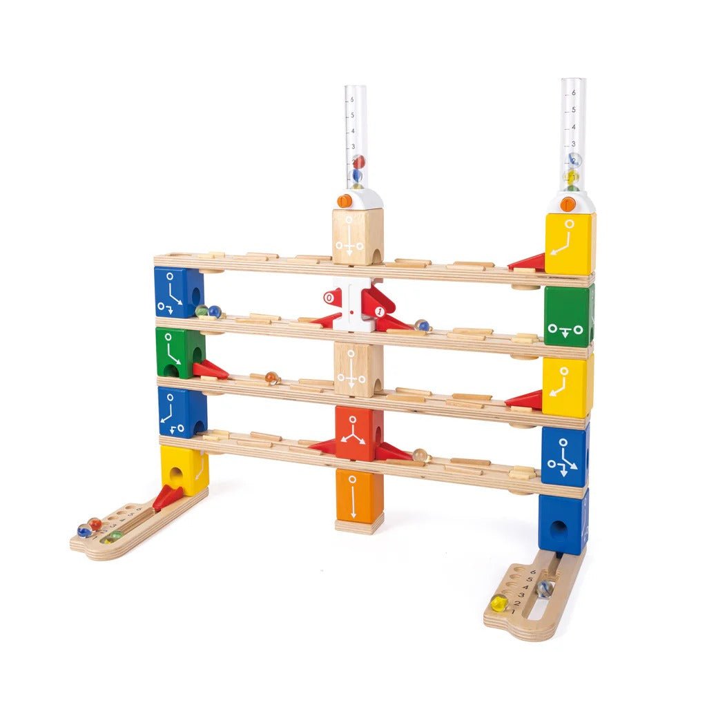Colorful marble run with multi-level wooden tracks and turning sections