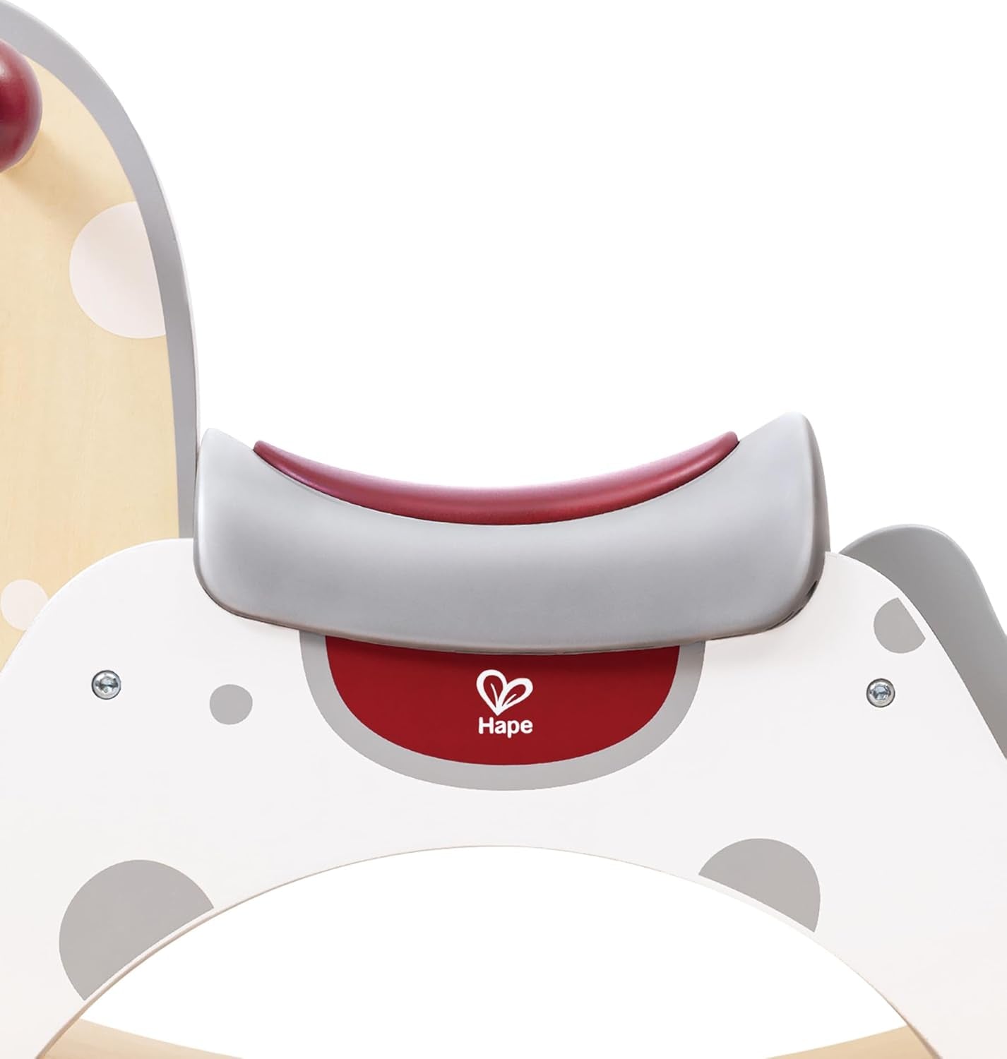 Schaukelpferd 2-in-1: Hape rotes Emblem auf weiß-grauem Vorderteil, grauer Sitzbügel