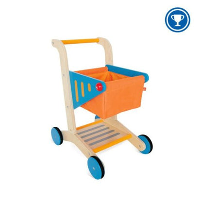 Wooden role-play shopping cart with orange basket, blue side panel, and four blue wheels.