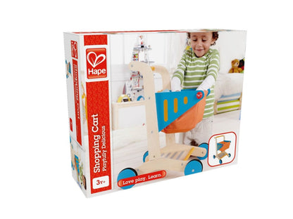 Role-play wooden shopping cart in retail box, orange basket and blue side panel pictured.