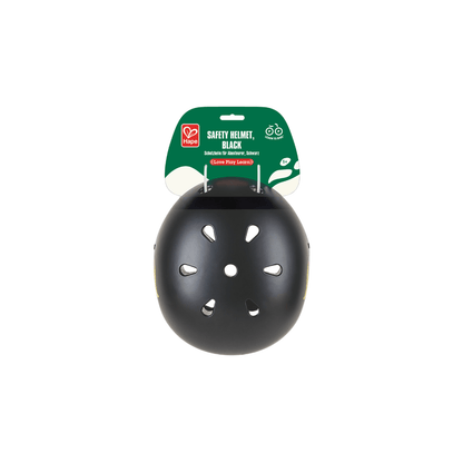 Black safety helmet with vent openings and chin strap, shown with Hape packaging