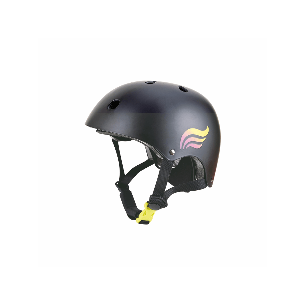 Black safety helmet with adjustable chin strap and ventilation holes