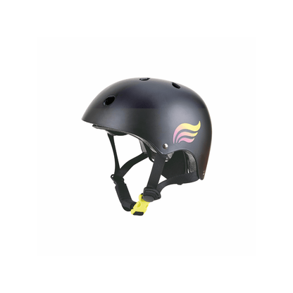 Black safety helmet with adjustable chin strap and ventilation holes