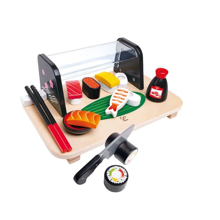 Sushi Time wooden play sushi kit: chopsticks, fish slice, nigiri and tray accessories