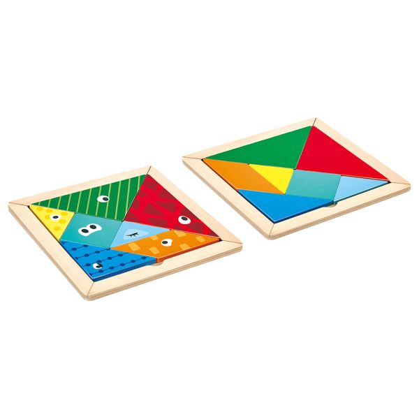 Wooden tangram puzzle with two completed layouts showing colorful animal shapes