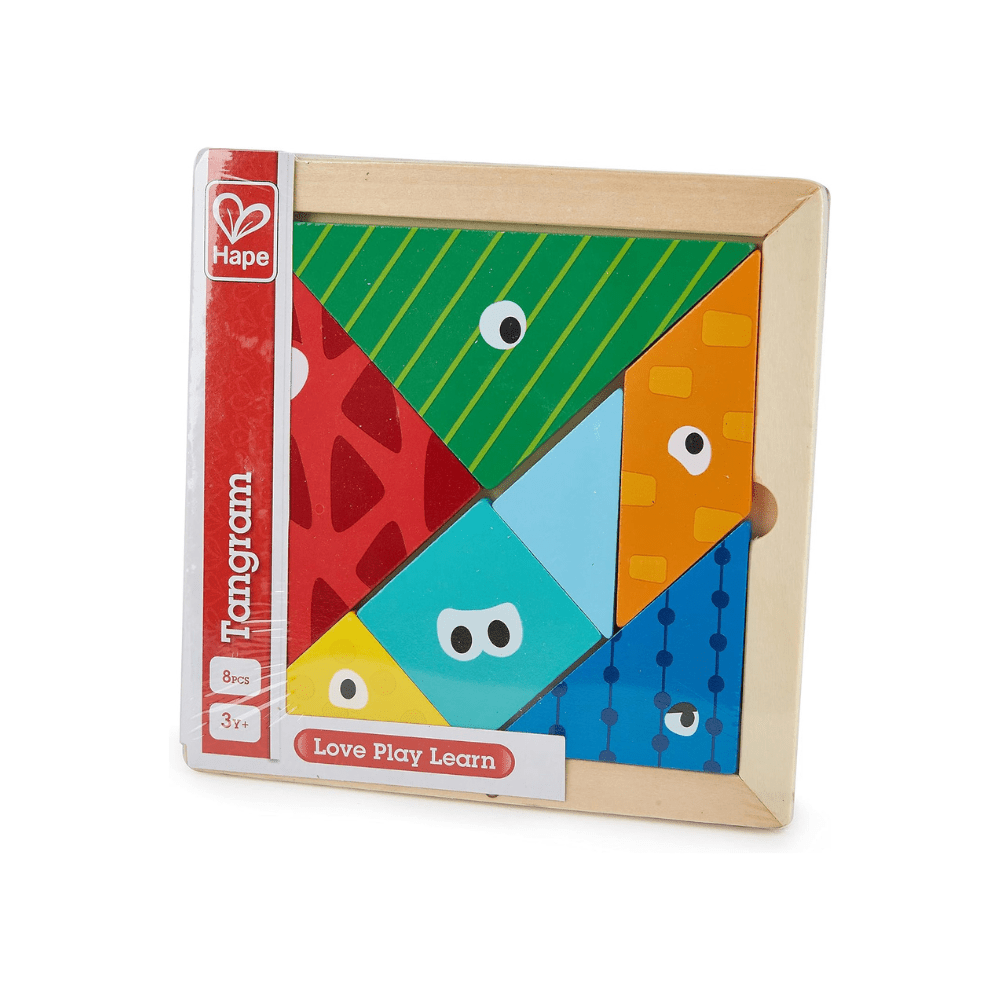 Boxed wooden tangram puzzle with colorful animal face pieces, Hape brand
