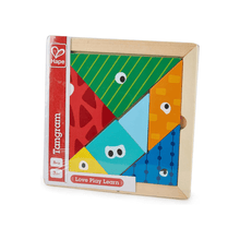 Boxed wooden tangram puzzle with colorful animal face pieces, Hape brand