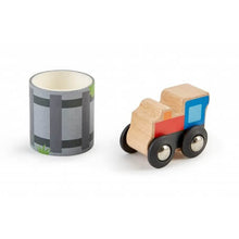 Tape and roll train toy: wooden train on black-and-gray tape roll base