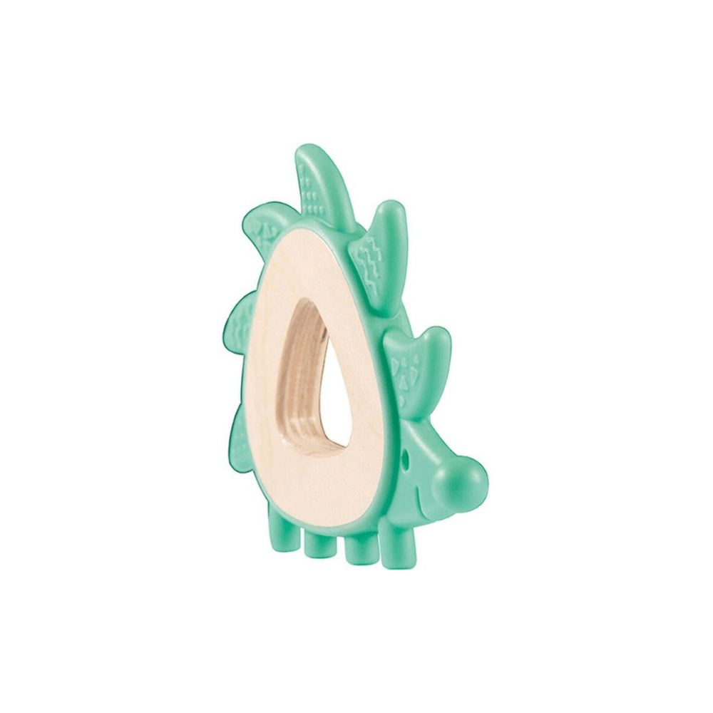 Teal hedgehog teether viewed from the side, beige insert with oval cutout