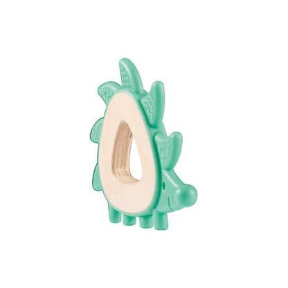 Teal hedgehog teether viewed from the side, beige insert with oval cutout