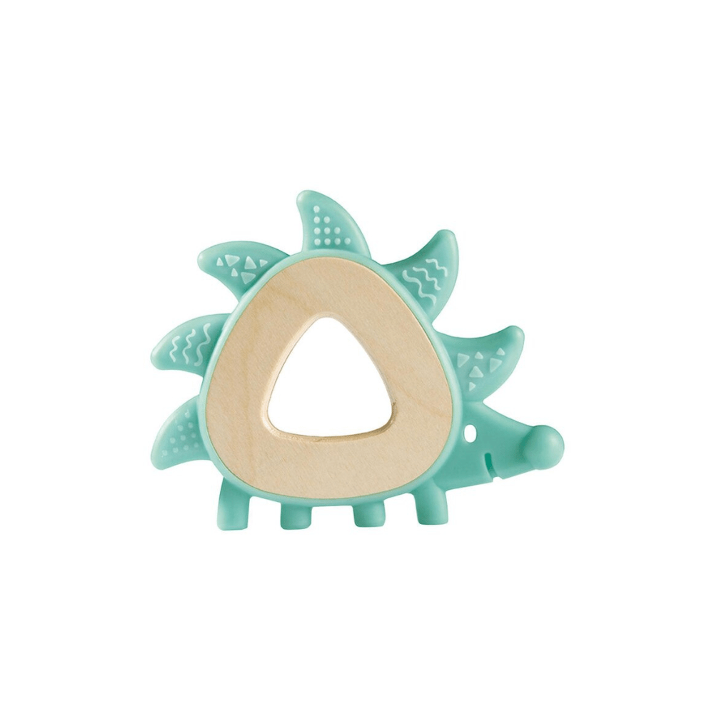 Teal hedgehog teether with beige center cutout and textured ear-like details