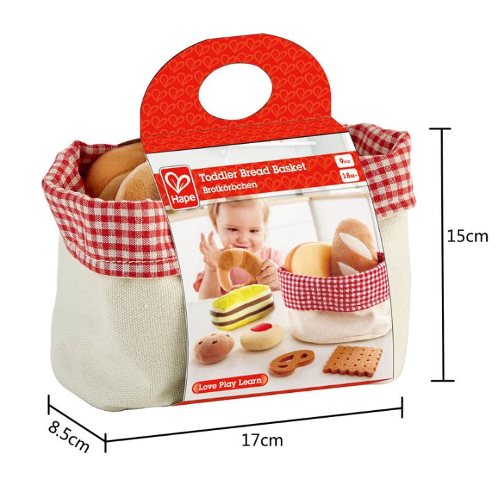 Toddler bread basket playset with red handle and white plaid lining, shown in packaging