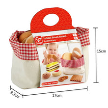 Toddler bread basket playset with red handle and white plaid lining, shown in packaging