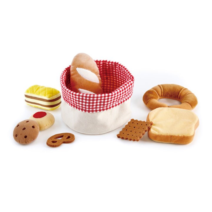 Toy bread basket with red-and-white gingham lining and assorted pretend bread pieces