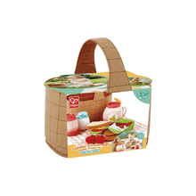 Toddler picnic play set with tan fabric tote basket and toy kitchen food items