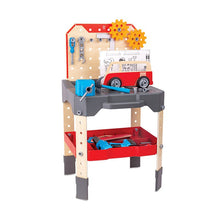 Vehicle service repair workbench with gray worktop, red storage bin, and blue tools
