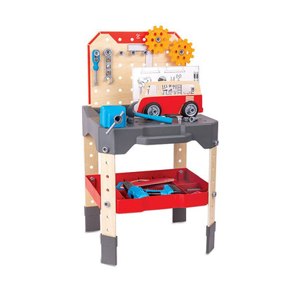 Vehicle service repair workbench with gray worktop, red storage bin, and blue tools