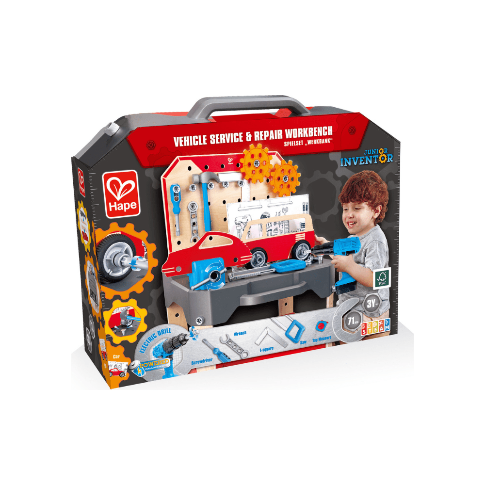 Vehicle service and repair workbench retail box showing toy tools and work station