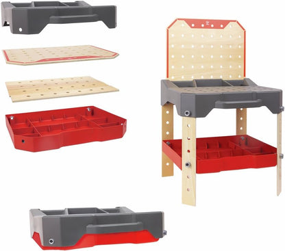 Vehicle service repair workbench with gray top and red tool compartments, side bins