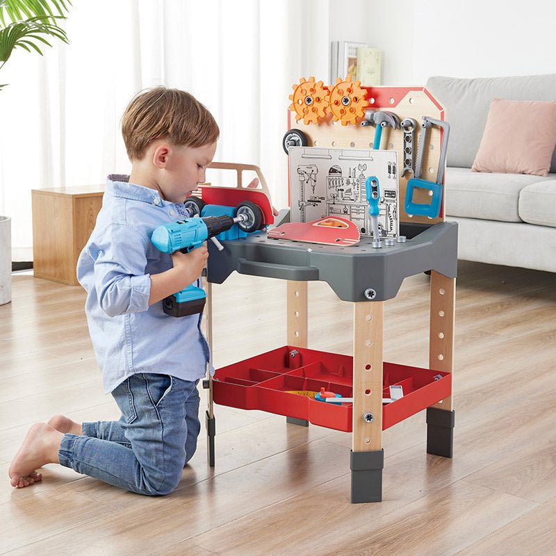 Vehicle service and repair workbench with drill station and red tool tray