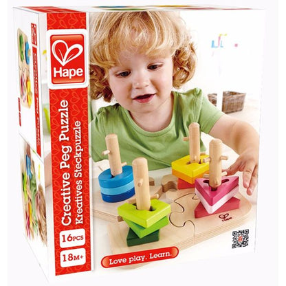 Wooden peg puzzle set box with 16 colorful pieces and wooden pegs