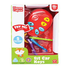 First Car Keys Baby Toy box: red key fob, 'Try me!' and 12+ months label