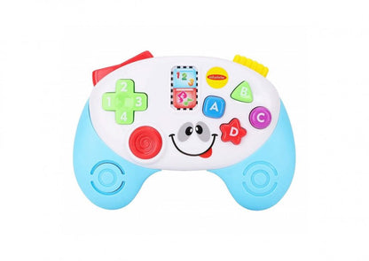 Learning controller toy with letters and number buttons, panda face, blue handles