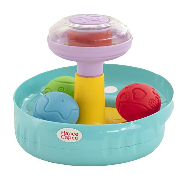Spinning top toy with purple top, yellow stem, turquoise base and three colored animal balls