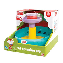 Verpacktes Spinning-Top-Spielzeug mit türkis Schale und gelbem Ständer, rote & blaue Kugeln