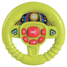 Lime-green baby steering wheel with red control buttons and central sound icon display