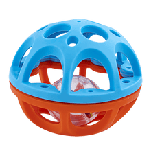 Blue and orange roll ball toy with circular cutouts and colorful wobble panels