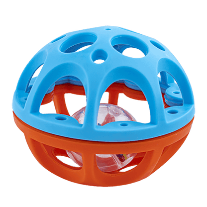 Blue and orange roll ball toy with circular cutouts and colorful wobble panels