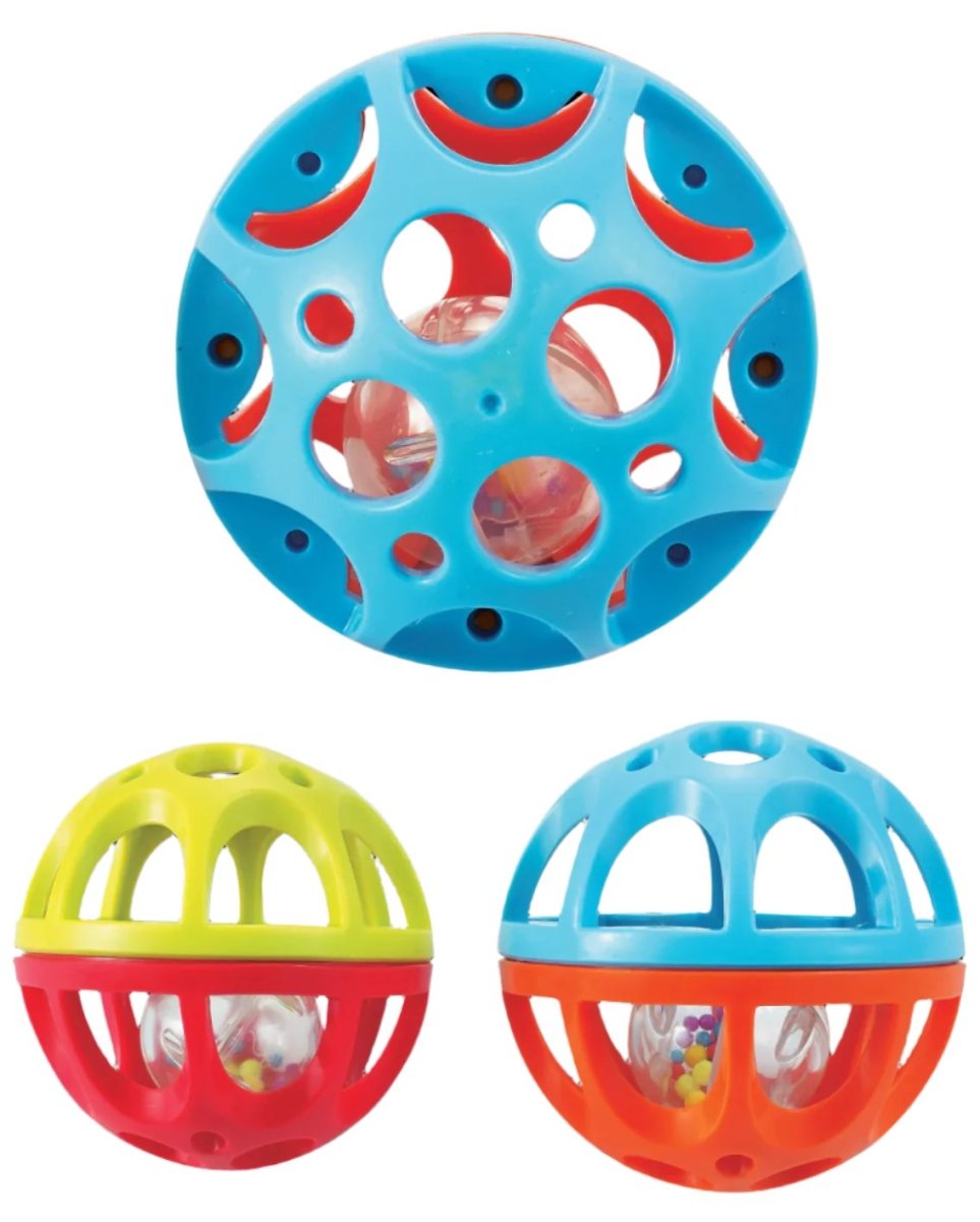 Set of bendable roll ball toys: blue, green, and orange-red with cutout windows
