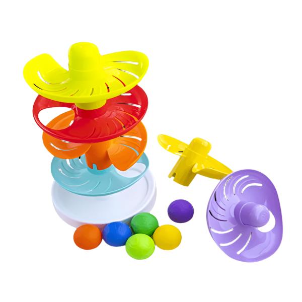 Roll-and-drop toy with yellow, red and purple spiral discs plus multicolor balls