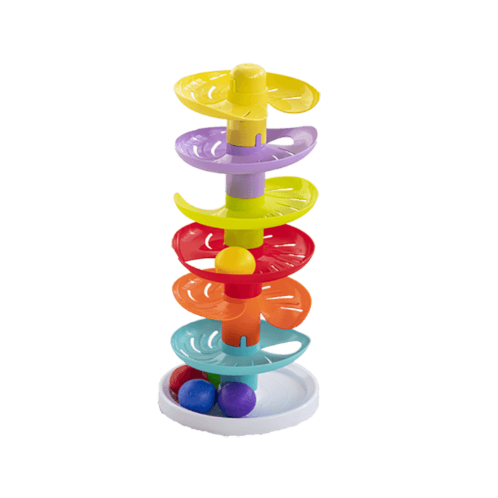 Stacking roll-and-drop toy with spiral discs and rainbow balls on base