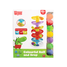 Colorful Roll & Drop toy box showing 12+ months disc-and-ball drop set