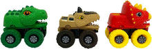 Three dinosaur vehicles on wheels: green, tan, and red car toys with big eyes