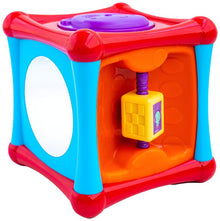 Activity Cube: orange play side, yellow cube handle, blue frame, red base