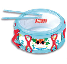 Front view of blue toy drum with tiger graphic, red straps and two mallets