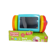 Play N Crawl Roller Toy auf der Verpackung: farbige Walzen und blaues Frontfenster