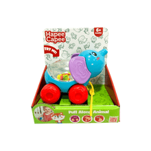 Hapee Capee pull-along animal toy in box, blue animal with purple spinner and red wheels