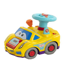 Yellow pull-back toy car with blue window, red wheels, and light-blue horn top